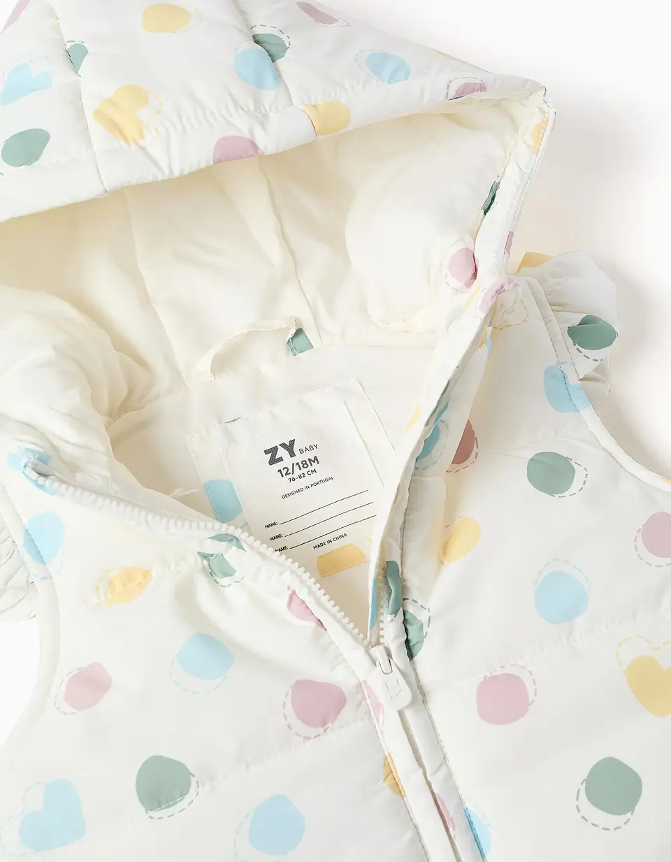 Colete acolchoado com capuz e padrão de bolinhas para bebé menina, branco 3