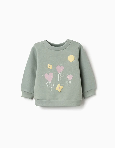 Sweat cardada com flores e corações para bebé menina, verde-escuro