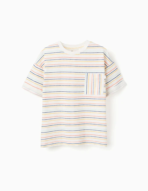 T-shirt de algodão às riscas com bolso para menino, multicolor