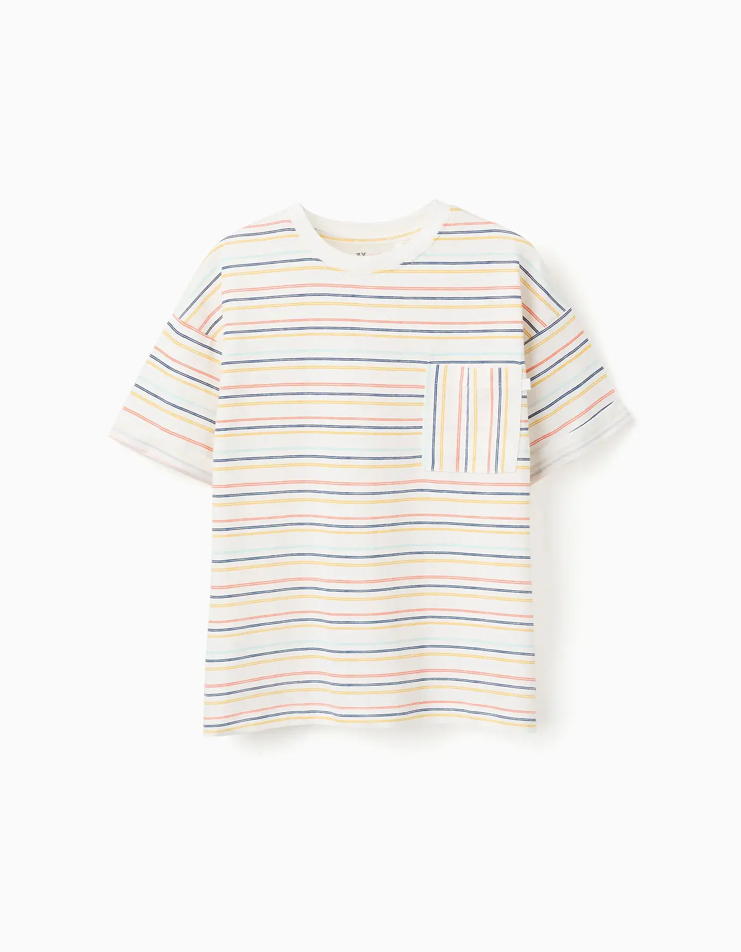 T-shirt de algodão às riscas com bolso para menino, multicolor 1