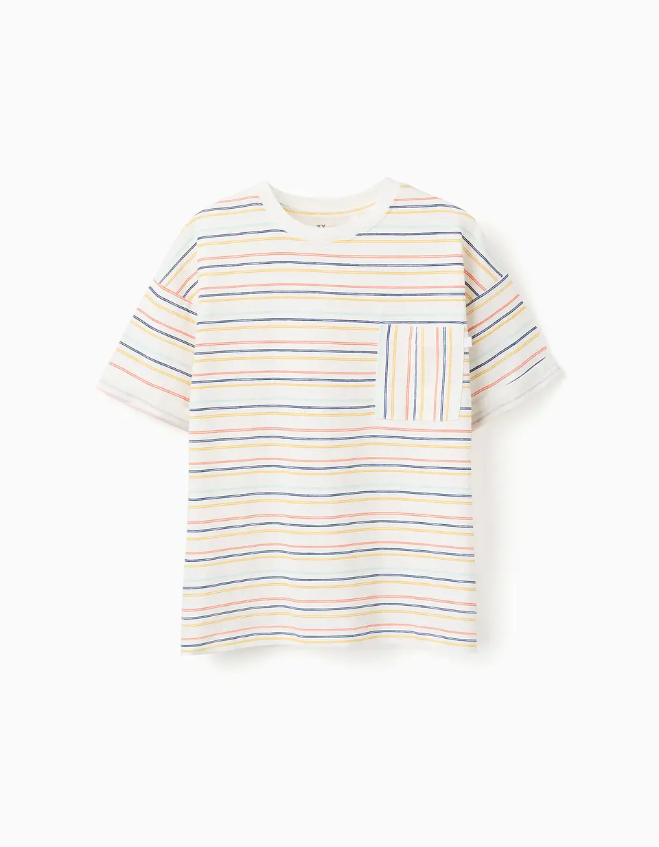 T-shirt de algodão às riscas com bolso para menino, multicolor 1