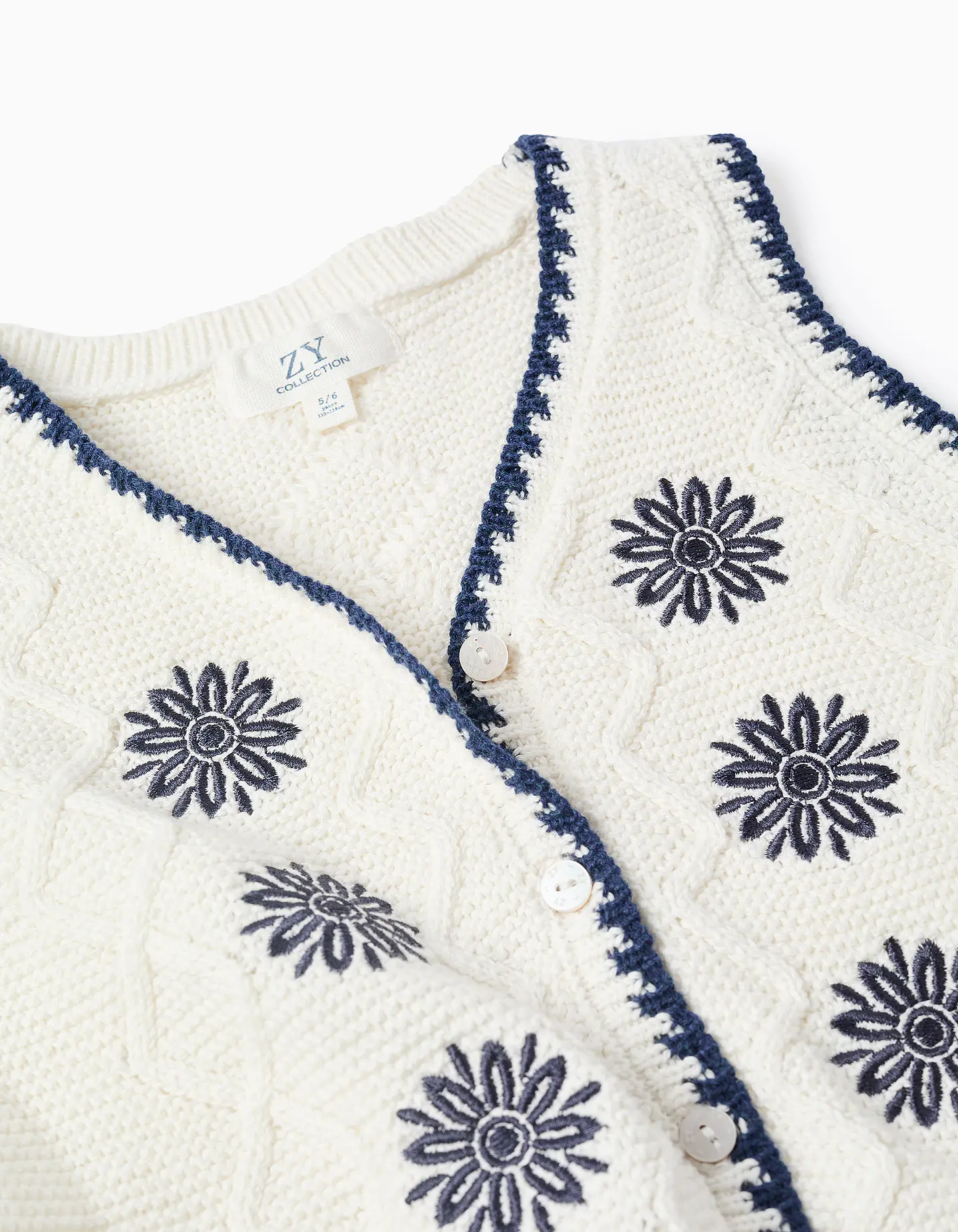 Colete de malha com flores bordadas para menina, branco/azul-escuro 3