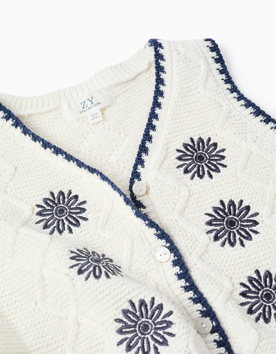 Colete de malha com flores bordadas para menina, branco/azul-escuro 3
