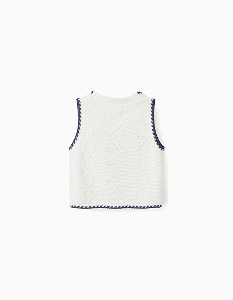 Colete de malha com flores bordadas para menina, branco/azul-escuro