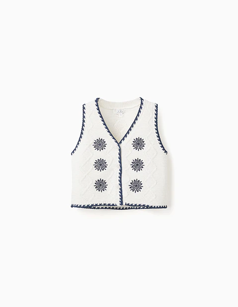 Colete de malha com flores bordadas para menina, branco/azul-escuro