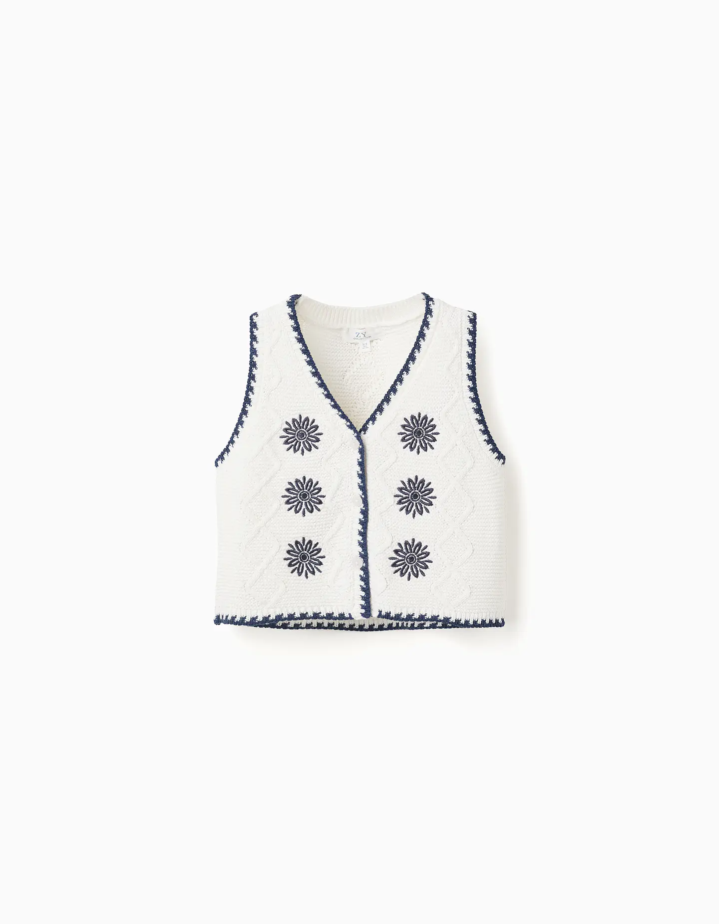 Colete de malha com flores bordadas para menina, branco/azul-escuro 1