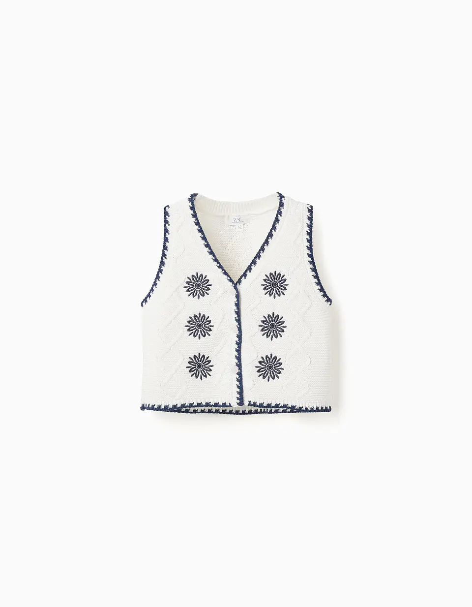 Colete de malha com flores bordadas para menina, branco/azul-escuro 1