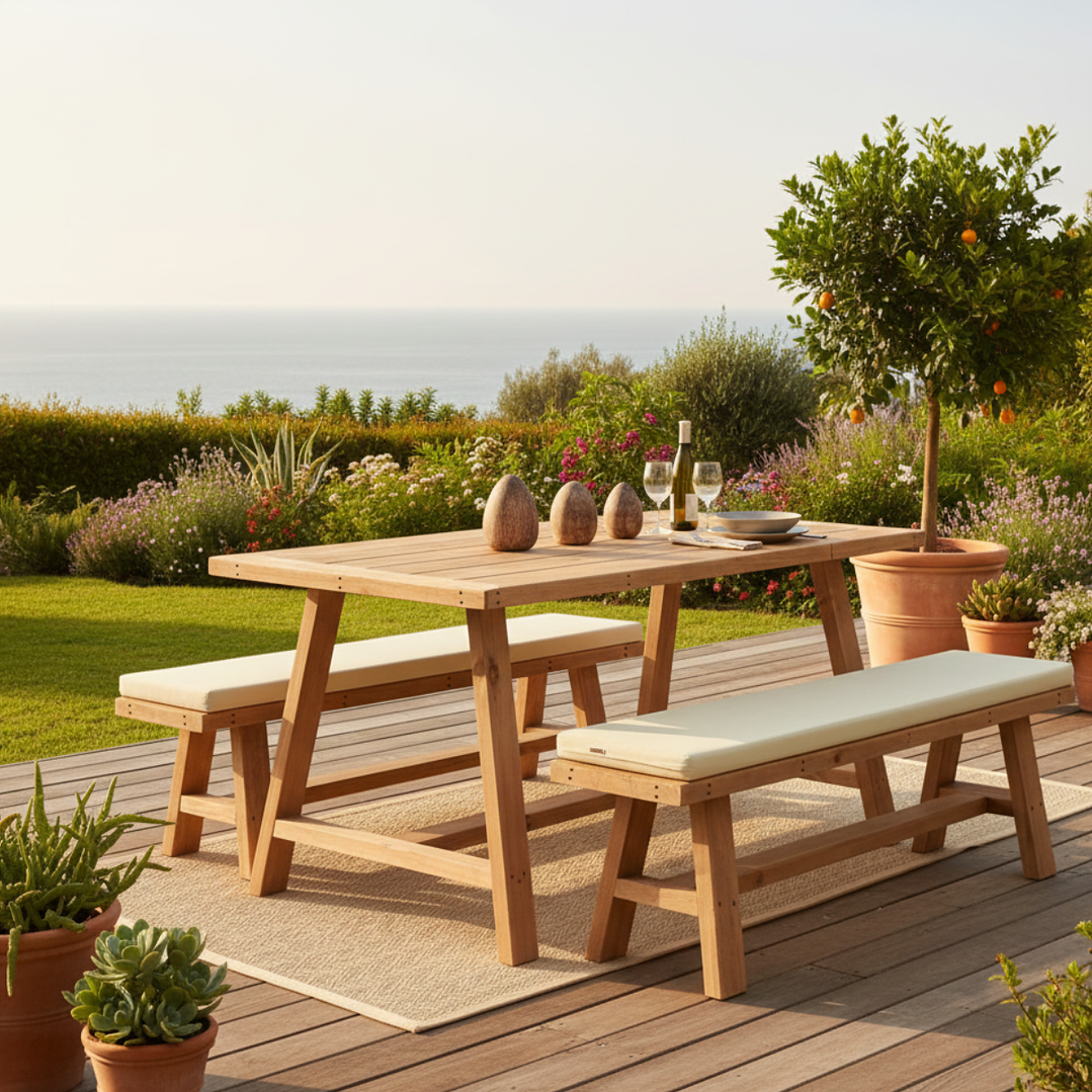 Juego Comedor Raíz + 2 Bancas Terraza 1