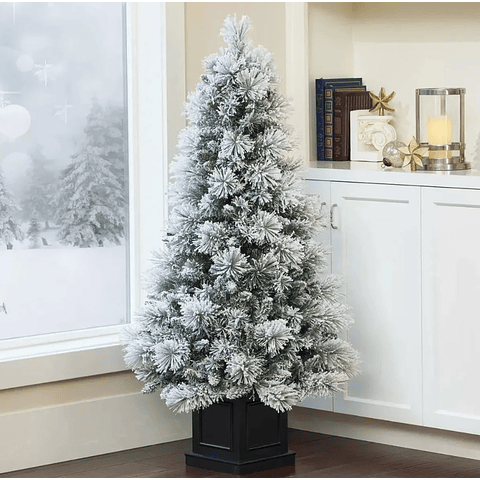 Arbol De Navidad Nevado Con Maceta Elegante Con Luces Led