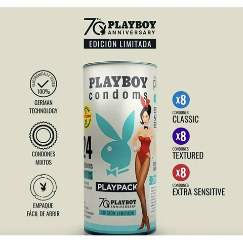 24 Pack Condones Playboy Playpack Ed. Limit Extralubricantes