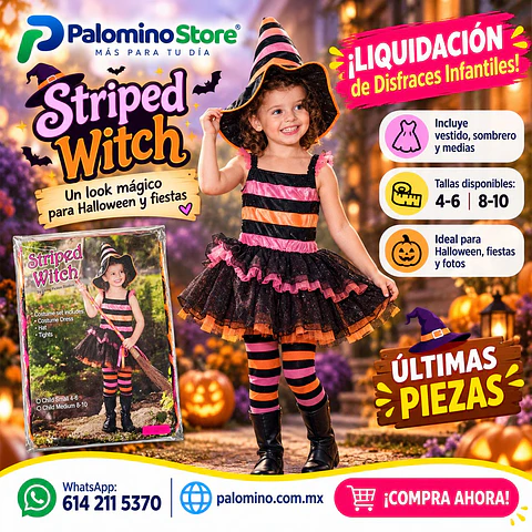 Disfraz de Bruja a Rayas para Niña (Tallas 4 a 6)
