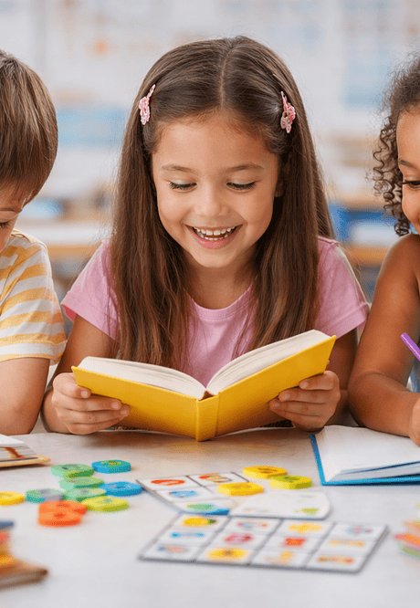 “Niños y niñas leyendo y escribiendo felices en un aula con material educativo.”