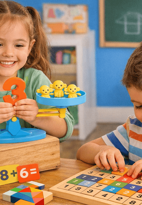 “Niños y niñas aprendiendo matemáticas con material manipulativo en una mesa de trabajo.”