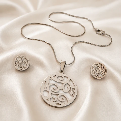Set Collar + Aros Círculo Nacarado Plateado