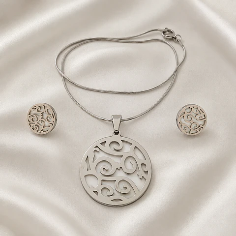 Set Collar + Aros Círculo Nacarado Plateado
