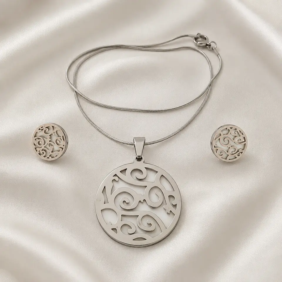 Set Collar + Aros Círculo Nacarado Plateado 2