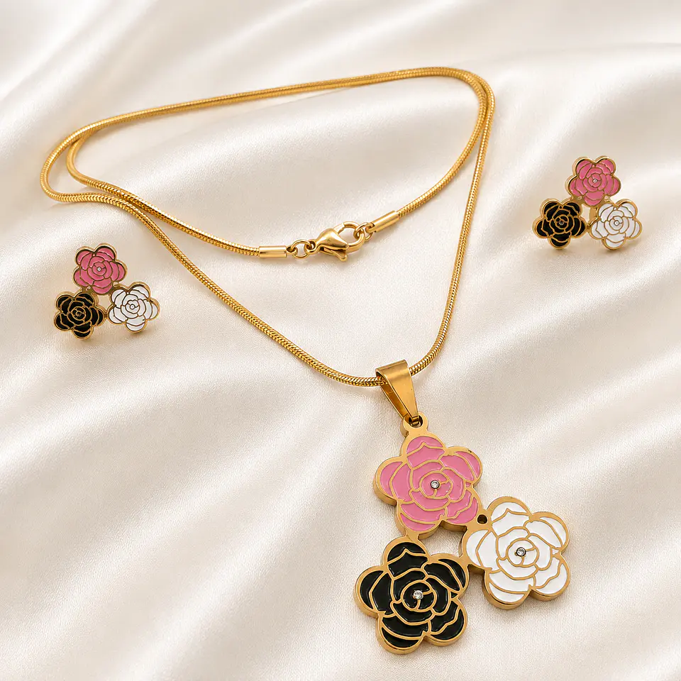 Set Collar y Aros Flores Tricolor 1