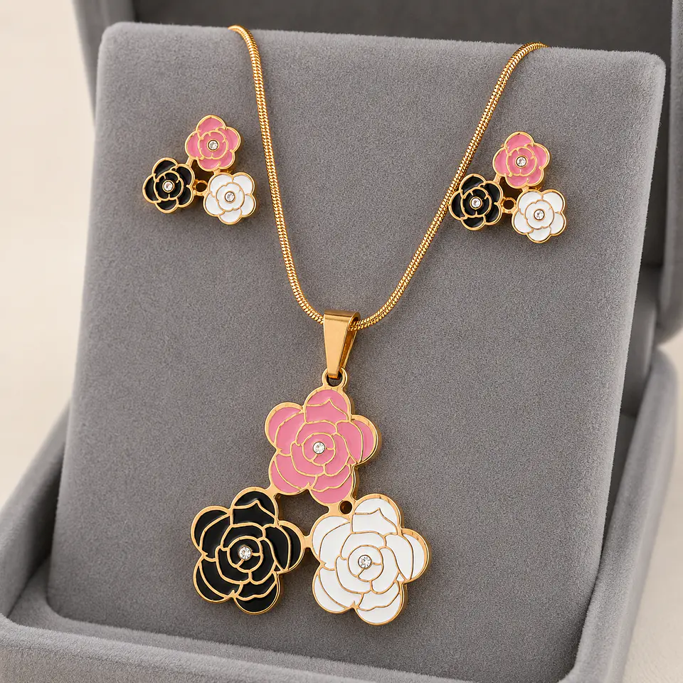 Set Collar y Aros Flores Tricolor 2