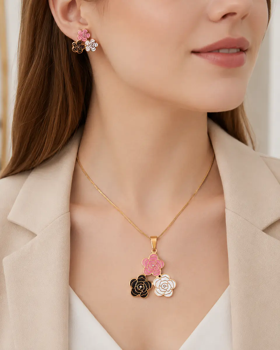 Set Collar y Aros Flores Tricolor 3