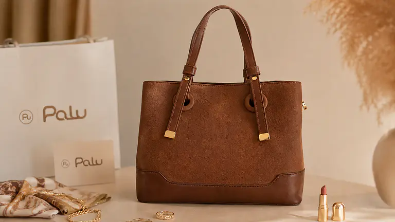 Bolso café Palu con accesorios sobre fondo beige