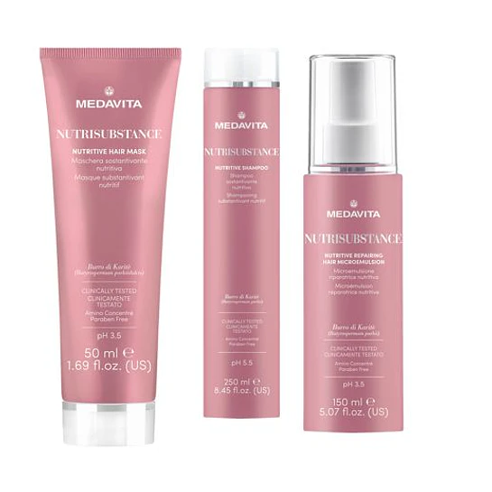Pack Medavita Shampoo nutricion 250ml + Mascara nutricion 150ml + Leave in  reparativa nutritiva 1