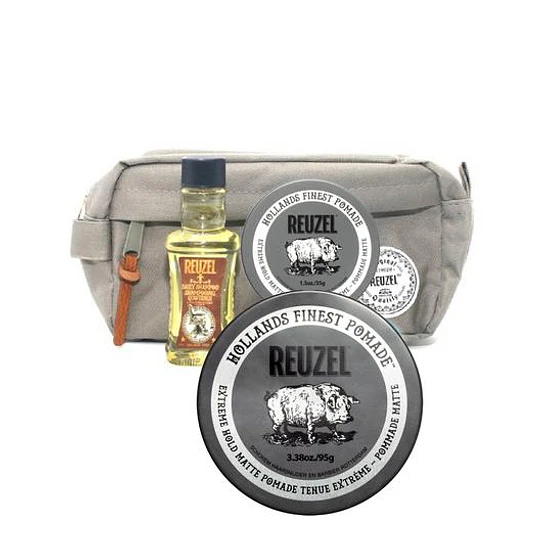 Set Travel Bag Clay Pomada 113g + 35g + Shampoo 100ml Reuzel