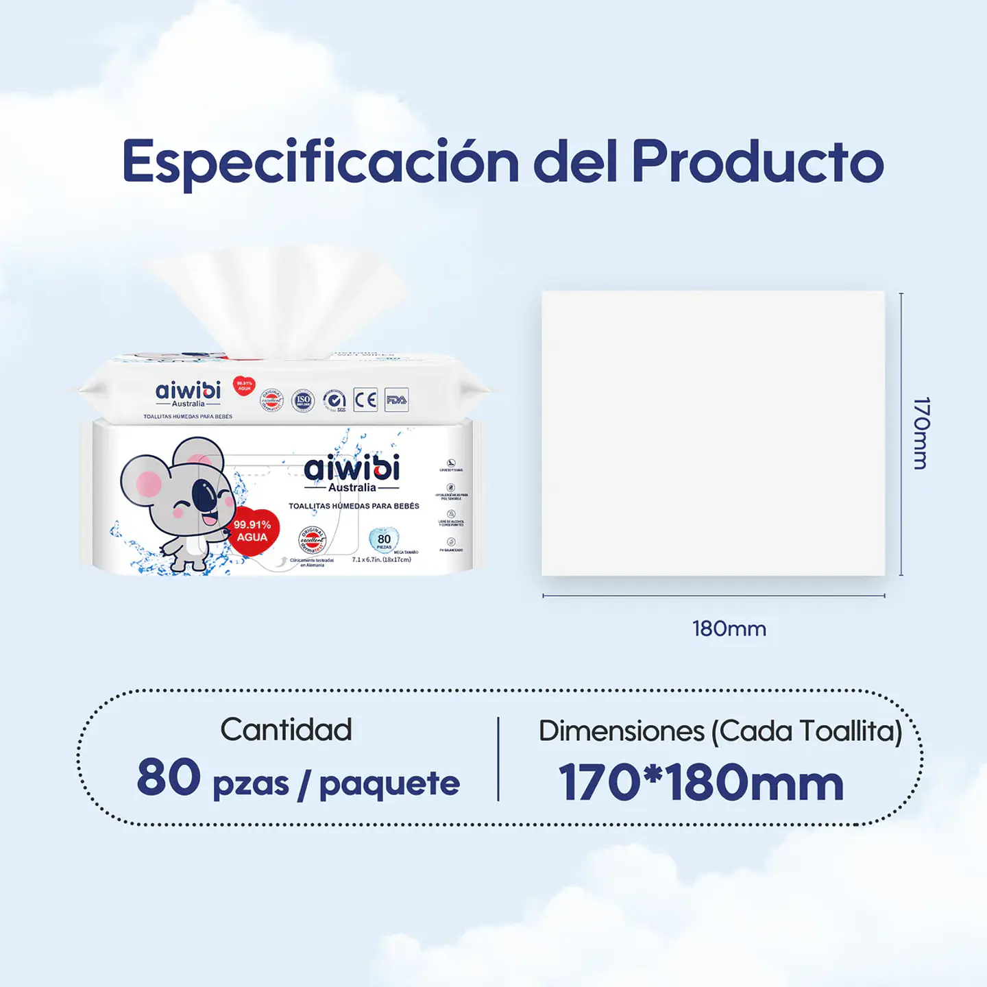 TOALLITAS HUMEDAS AIWIBI AGUA 80 - 12 UNIDADES 2