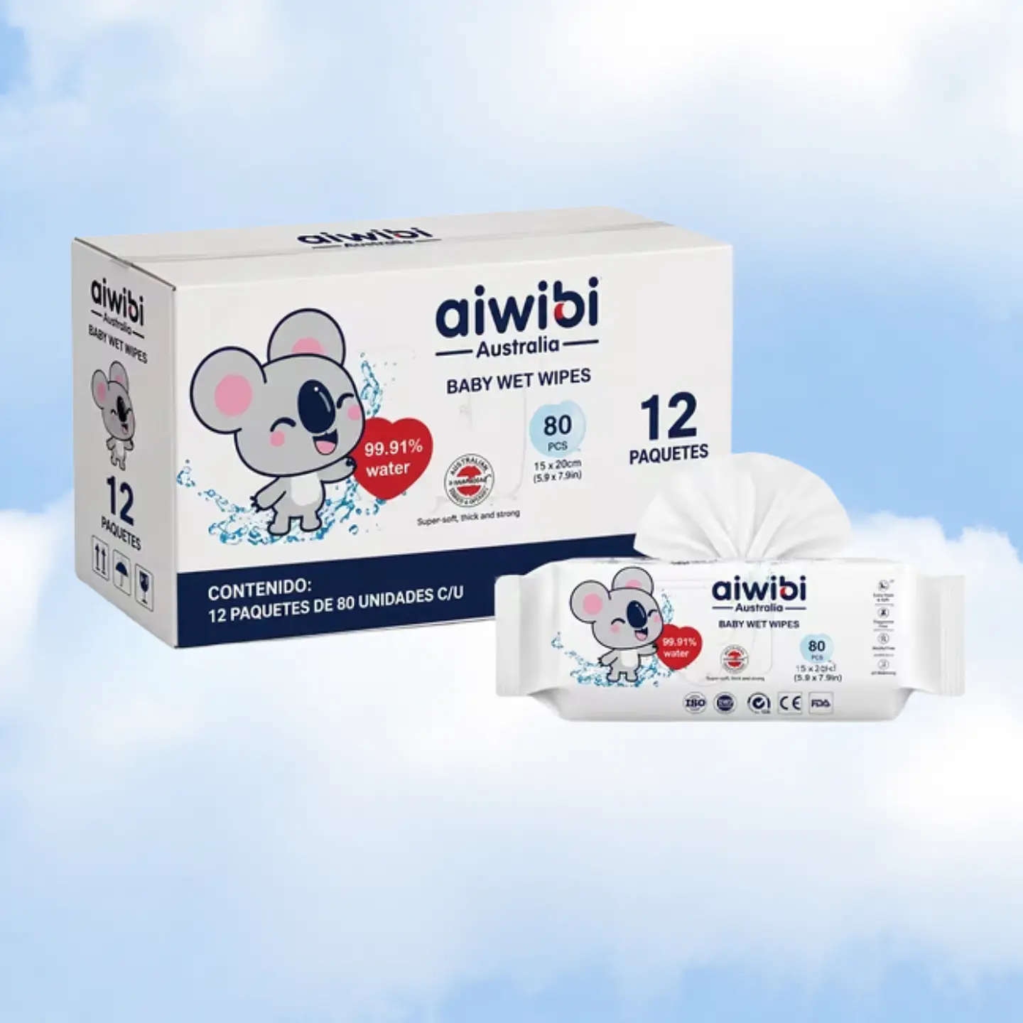 TOALLITAS HUMEDAS AIWIBI AGUA 80 - 12 UNIDADES 1