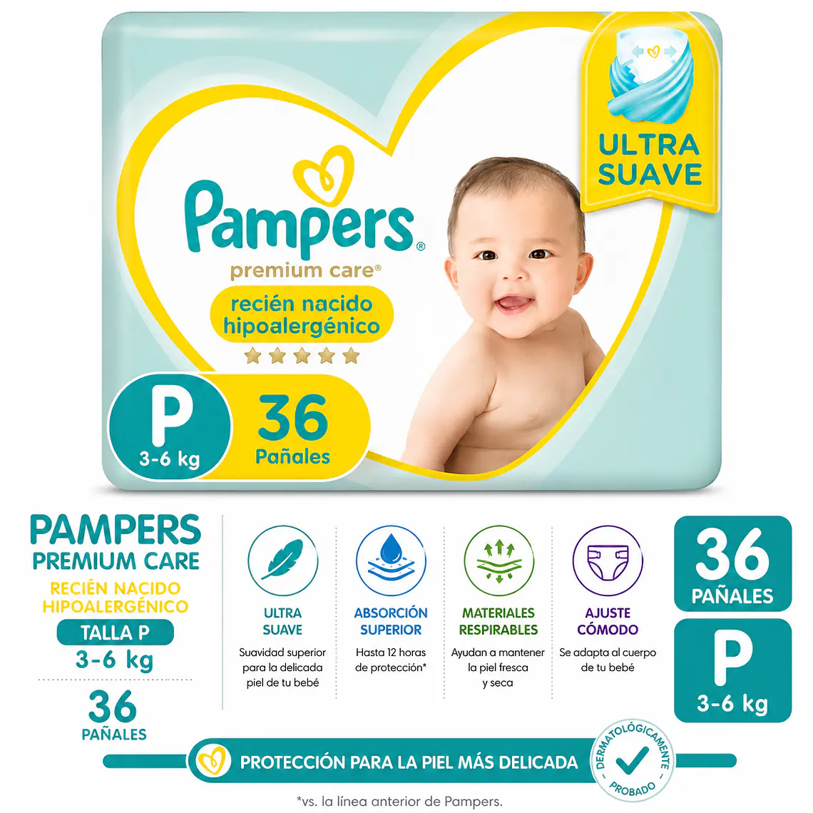Pampers premium care talla P  de 36 pañales 1