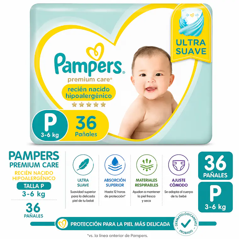 Pampers premium care talla P  de 36 pañales 1
