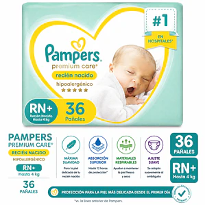 Pampers Premium Care RN de 36, 2 paquetes, total 72 pañales.