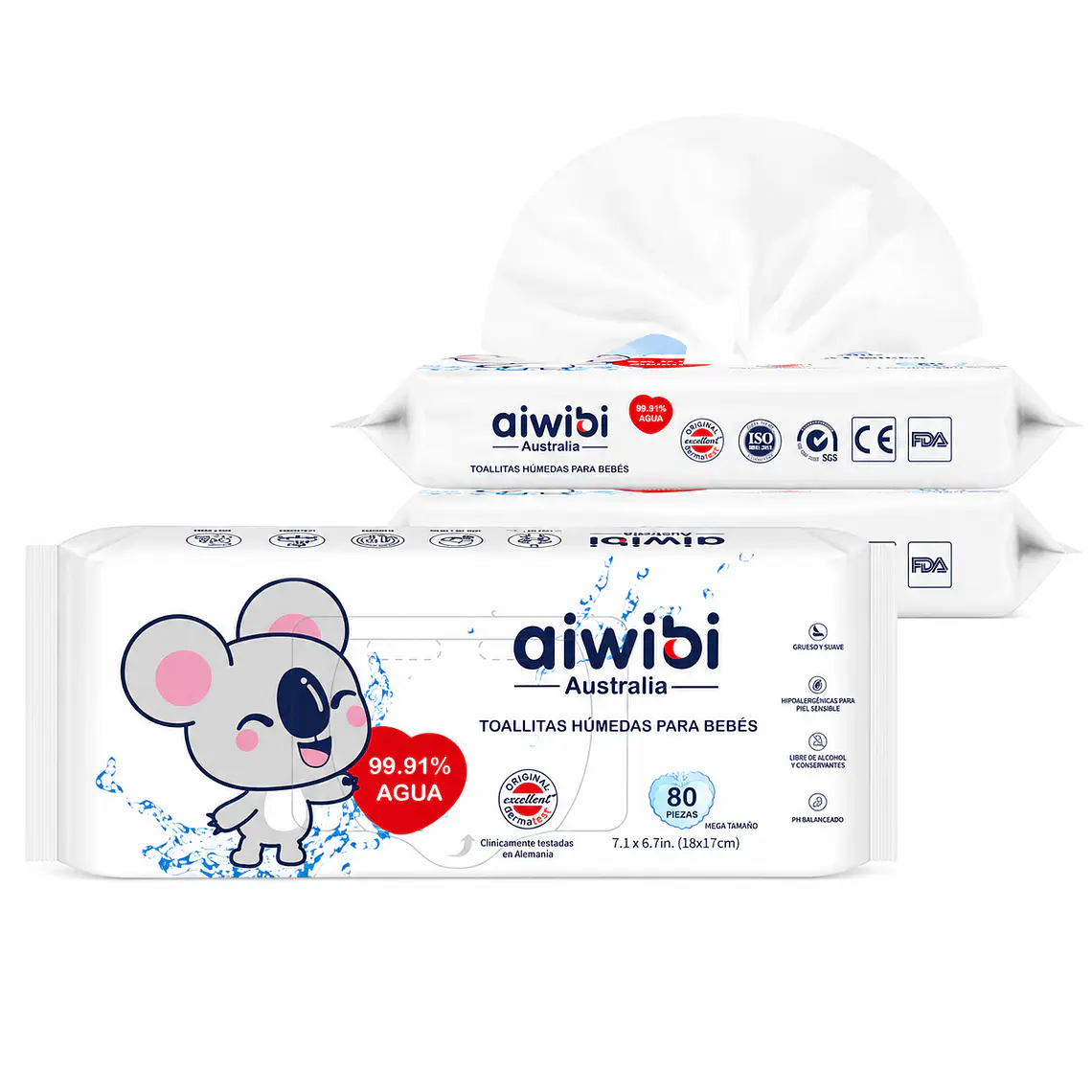 TH Aiwibi 99,91 % agua, 3 paquetes de 80uni c/u 1