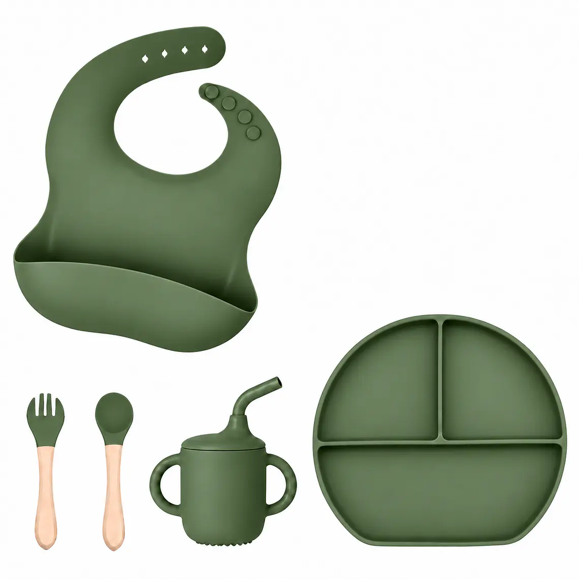 Set alimentacion silicona Verde musgo, 5pzs 1