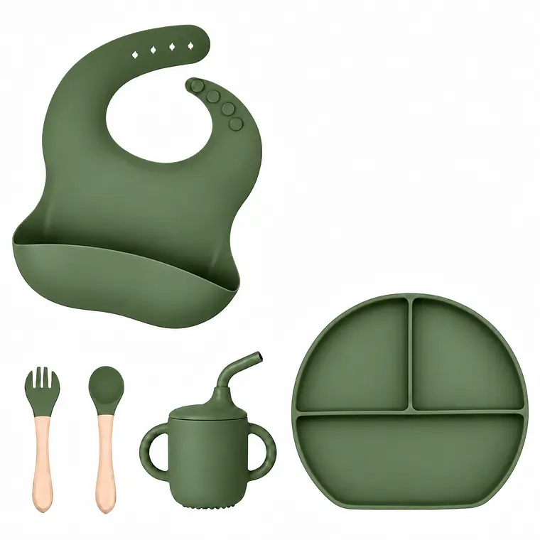 Set alimentacion silicona Verde musgo, 5pzs 1
