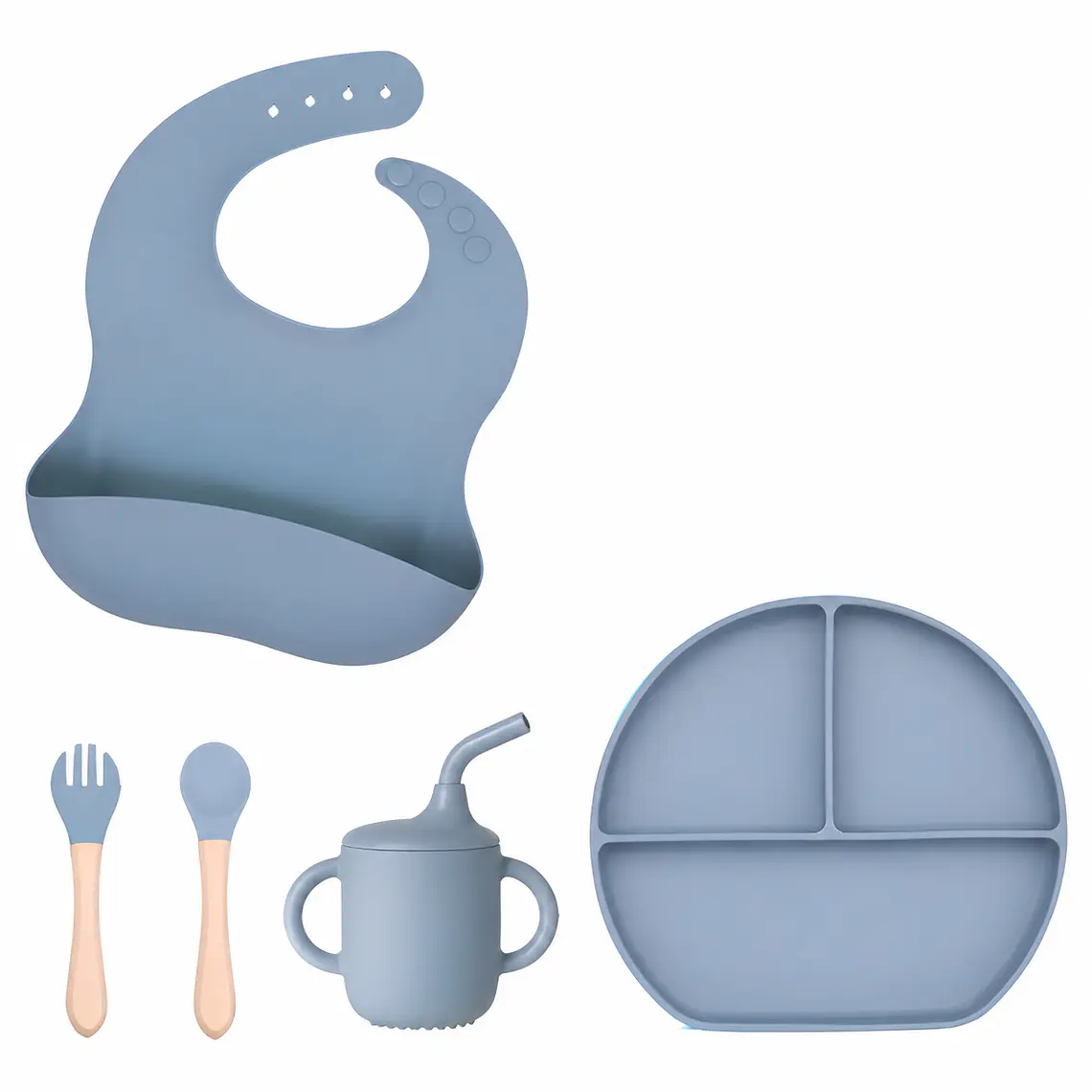 Set alimentacion silicona celeste, 5pzs 1