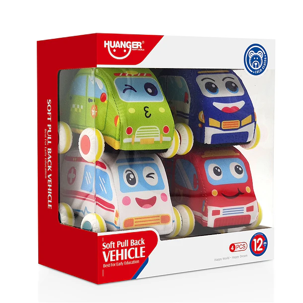 Set de 4 Autos de Peluche para Bebés - Vehículos de Tela Blandos y Seguros