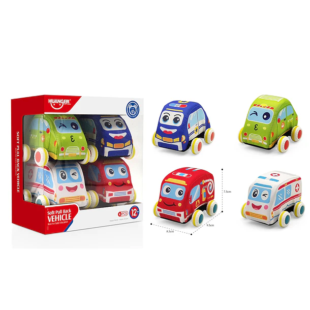 Set de 4 Autos de Peluche para Bebés - Vehículos de Tela Blandos y Seguros