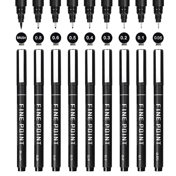 Set de 9 Tiralíneas Negros con 9 Graduaciones de Precisión (0.05 a 0.8 mm + Brush) 1