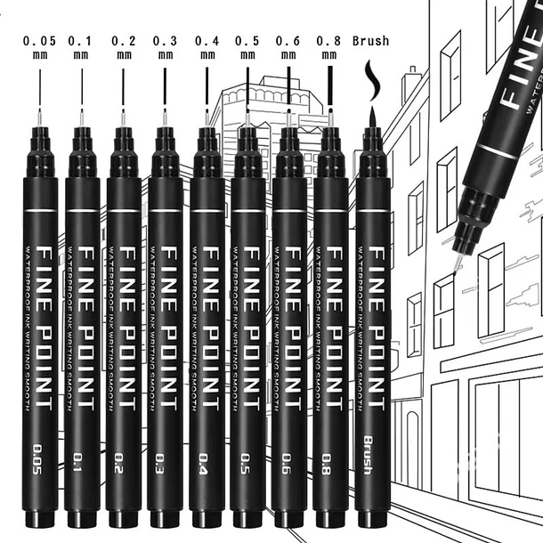 Set de 9 Tiralíneas Negros con 9 Graduaciones de Precisión (0.05 a 0.8 mm + Brush) 2