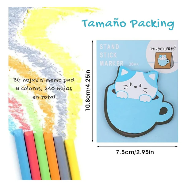 Pack 240 Notas Adhesivas De Gatitos Kawaii En 8 Colores Varios 5