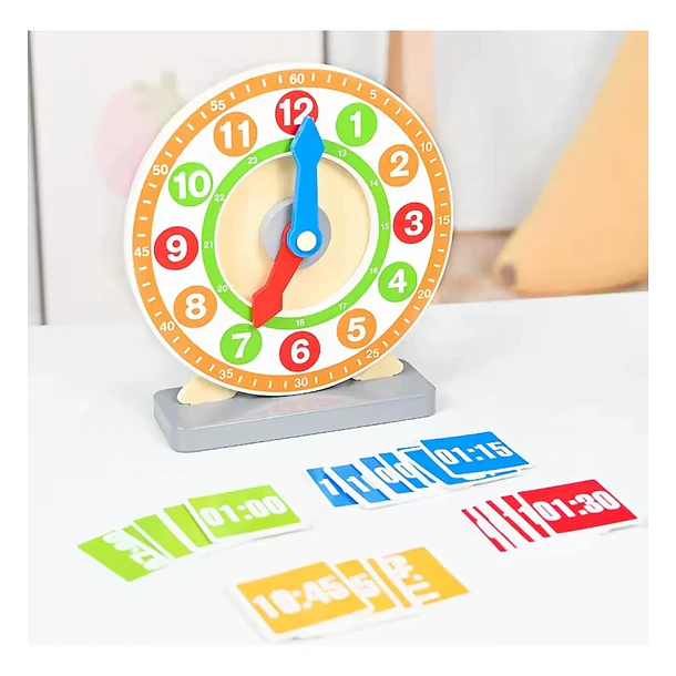 Reloj De Madera Didáctico Para Aprender La Hora +48 Tarjetas 1