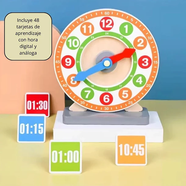 Reloj De Madera Didáctico Para Aprender La Hora +48 Tarjetas 3