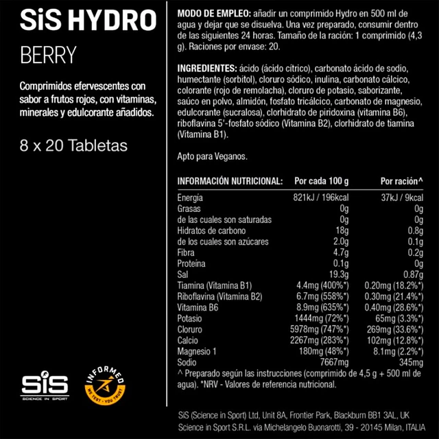 Caja SIS Electrolitos Hydro  20T 8U SABORES