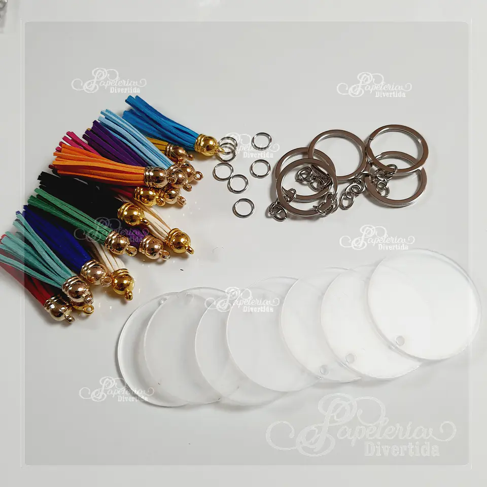 Kit llaveros acrilico transparente  3mm + borlas  1
