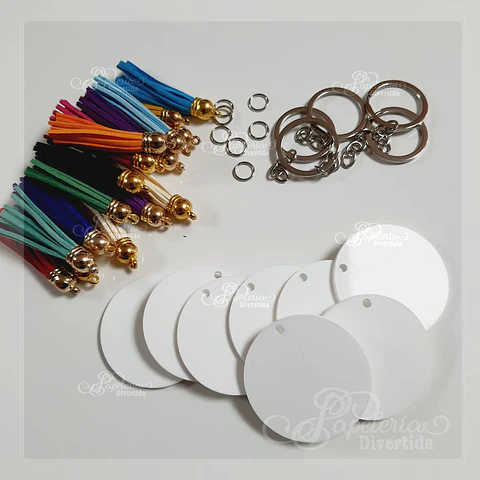 Kit llaveros acrilico Blanco Sublimable 3mm +  borlas 6cm