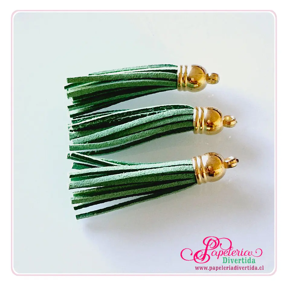 10 Borlas de gamuza Verde casquillo dorado 1