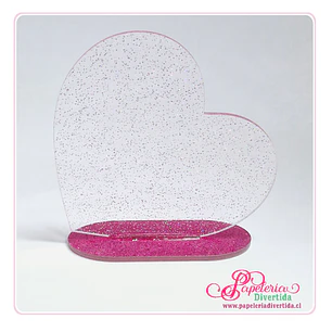 Galvano corazon trasparente rosado glitter 10cm con soporte 