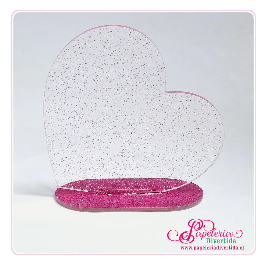 Galvano corazon trasparente rosado glitter 10cm con soporte  1
