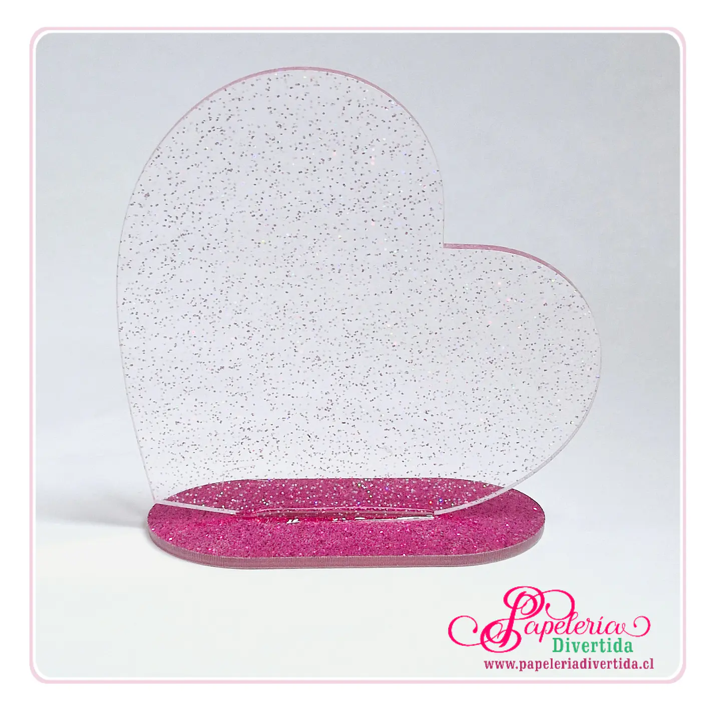 Galvano corazon trasparente rosado glitter 10cm con soporte  1