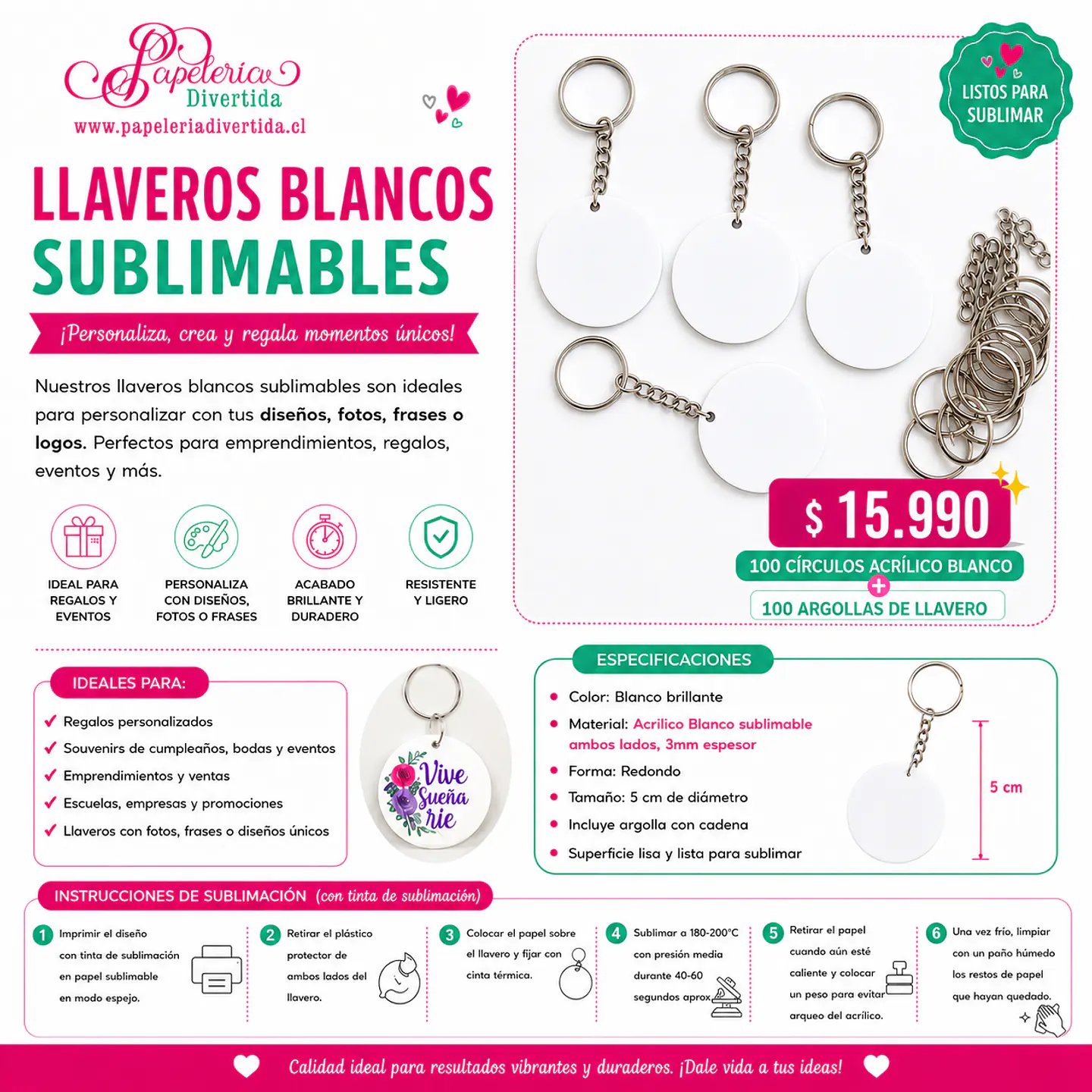 Pack 100 circulos acrilico blanco + argollas 1